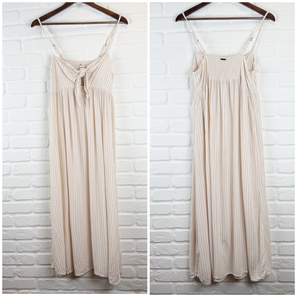 Billabong Twist it Midi Dress Beige & White Striped Dress Front Tie Almond Small